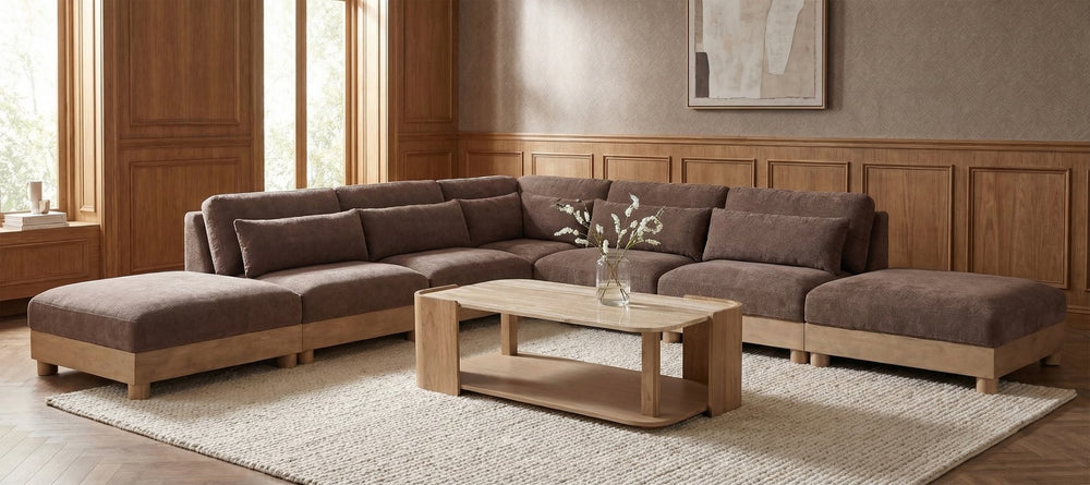 Meridian Furniture Turin Seven Piece Modular Sectional Plush Chenille Art Deco Low Profile Living Room 612Brown-Sec7B
