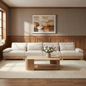 Meridian Furniture Turin Four Piece Modular Sofa Cream Chenille Art Deco Low Profile Living Room 612Cream-S4A