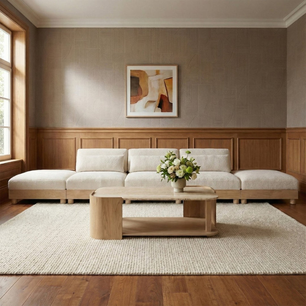 Meridian Furniture Turin Five Piece Modular Sectional Chenille Art Deco Low Profile Living Room Sofa 612Cream-S5A