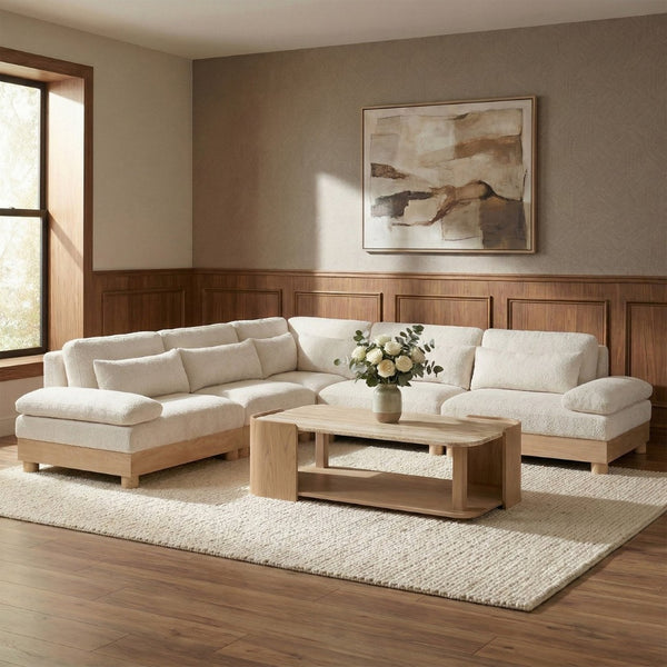 Meridian Furniture Turin Five Piece Modular Sectional Cream Chenille Art Deco Low Profile Living Room 612Cream-Sec5B