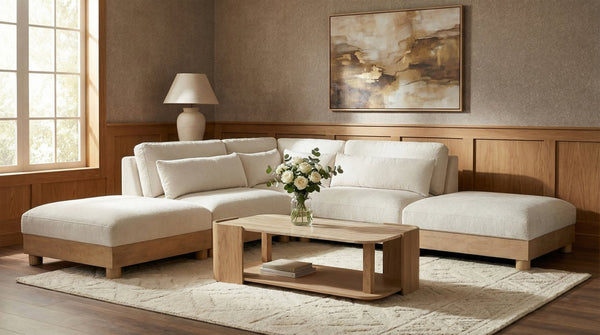 Meridian Furniture Turin Five Piece Modular Sectional Chenille Upholstered Art Deco Living Room Sofa 612Cream-Sec5C