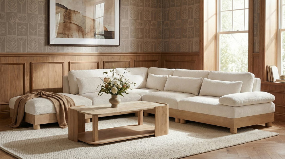 Meridian Furniture Turin Five Piece Modular Sectional Plush Chenille Cloud Sofa with Oak Wood Frame 612Cream-Sec5D