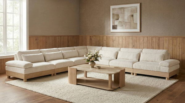 Meridian Furniture Turin Seven Piece Modular Sectional Plush Chenille Art Deco Seating for Living Room 612Cream-Sec7A