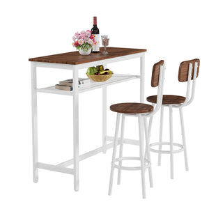 English Elm 3 Piece Bar Table Set with Storage Rack, Counter Height Wood Top & White Metal Frame, 2 Stools Ideal for Kitchen, Dining, Bar (39.4x15.7x36.2 in) W578P304321