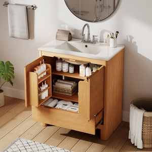 English Elm [video] 30 Inch Freestanding Bathroom Vanity Pine Legs Ceramic Sink Soft Close Storage Oak N759P412928O