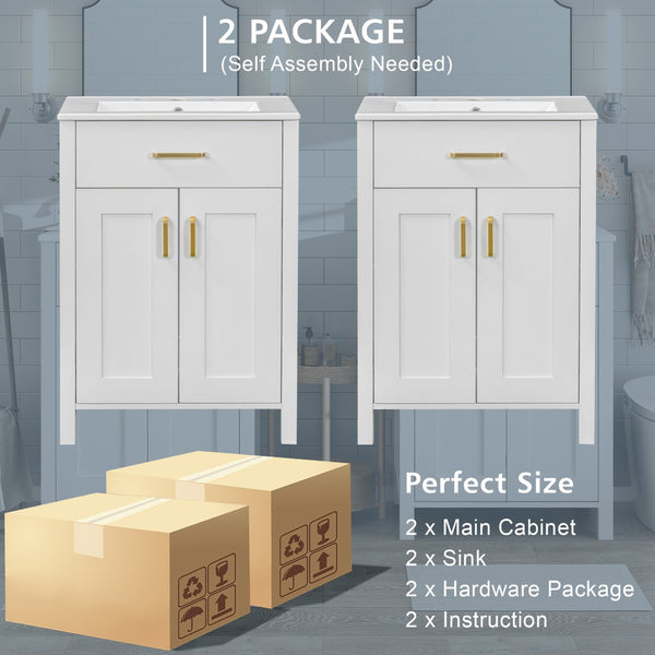 English Elm Modern 48 Inch Freestanding Bathroom Vanity Dual Ceramic Sinks Soft Close Gold Handles White N729P000008K