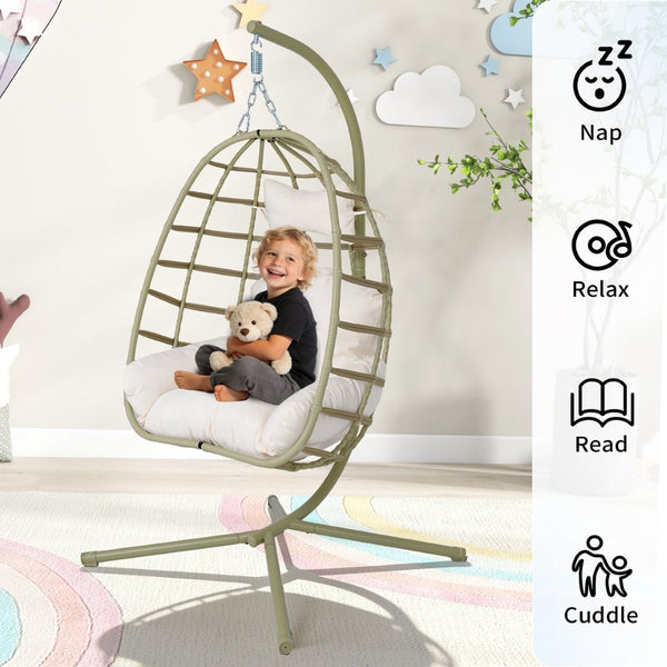 English Elm Egg Hanging Chair with Stand Pe Rattan Swing Seat Washable Cushion Patio Bedroom T5880P497436