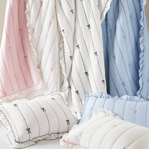 English Elm 3-piece Reversible Microfiber Quilt Set Bow Embroidery Ruffled Trim Romantic Bedroom Blue B035P482883