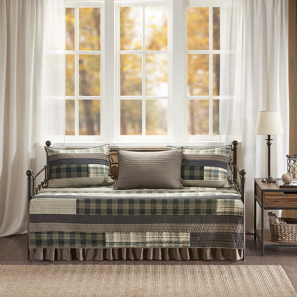 JLA Home Woolrich - 5 Quilted Daybed Cover Set Twin with Reversible Plaid & Solid Shams, Bedskirt, Tie Closures, Washable WR13-2122