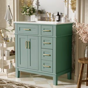 English Elm 30" Freestanding Bathroom Vanity Ceramic Sink Soft Close Cabinet Gray Wood Frame Light Green N729P427118F