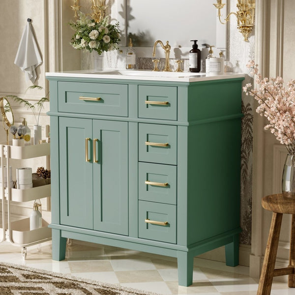 English Elm 30" Freestanding Bathroom Vanity Ceramic Sink Soft Close Cabinet Gray Wood Frame Light Green N729P427118F
