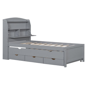 English Elm Twin LED Platform Bed with Trundle and Under-Storage Drawers, Flip-Up Headboard, USB Ports Gray N820S10008E