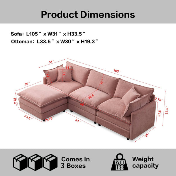 English Elm 105" L-shaped Chenille Sectional with Ottoman Pocket Spring Living Room Sofa Pink W1097S00232