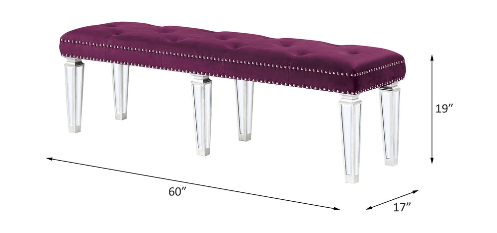English Elm Varian Burgundy Velvet Mirrored Bench with Tufted Crystal Buttons, Nailhead Trim & Beveled Legs B2726P261872