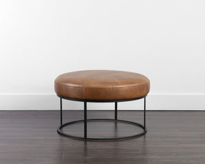 Sunpan ELGIN Round Ottoman in Tobacco Tan Faux Leather - Stylish Accent Seat with Durable Iron Frame 106578