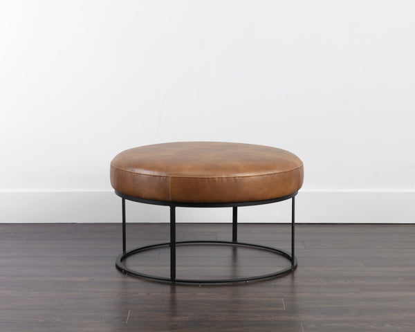 Sunpan ELGIN Round Ottoman in Tobacco Tan Faux Leather - Stylish Accent Seat with Durable Iron Frame 106578