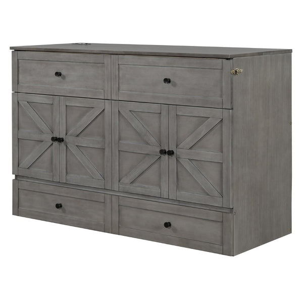 English Elm Queen Murphy Wall Bed with Usb Ports Storage Drawers and Cabinet Style Panel Front Gray N708S00006AAE