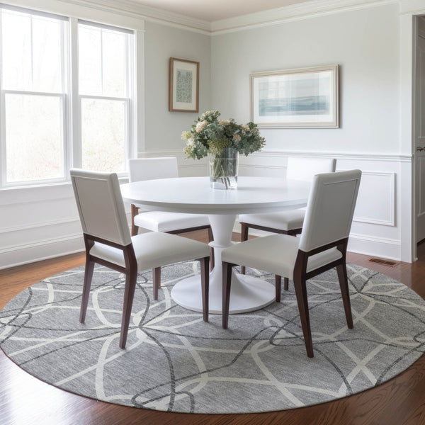 HomeRoots 5' Stylish Gray and Ivory Geometric Area Rug – Machine Washable for Indoor and Outdoor Use, Versatile Design 8' Round 613009