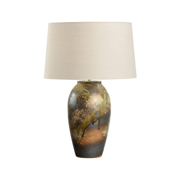 Wildwood Chaiaki Hand-Turned Table Lamp — Shiga Clay Finish, Linen Shade, Cloth Cord, Warm Artisanal Glow 61302-2