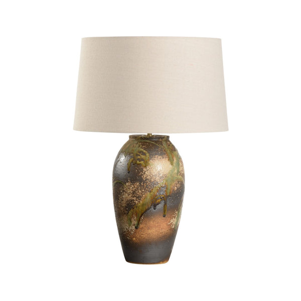 Wildwood Chaiaki Hand-Turned Table Lamp — Shiga Clay Finish, Linen Shade, Cloth Cord, Warm Artisanal Glow 61302-2