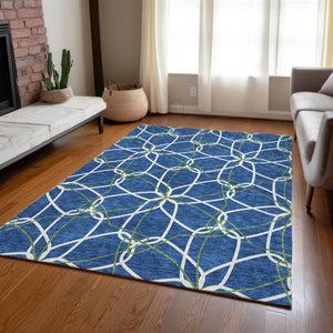 Homeroots 3' Geometric Washable Area Rug For Indoor & Outdoor Use - Stylish & Durable For High Traffic Areas Navy Blue Polyester 613022