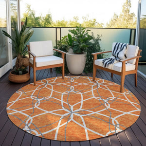 HomeRoots 5' Bold Orange and Ivory Geometric Area Rug - Stylish, Machine Washable for Indoor & Outdoor Use 8' Round 613027