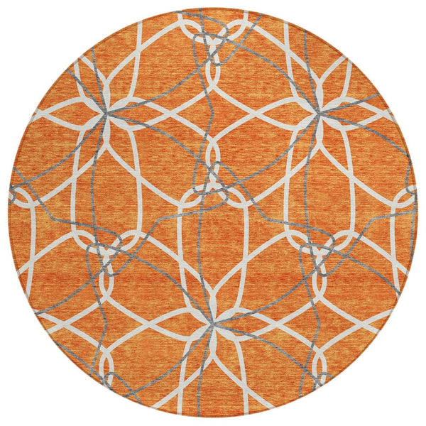 HomeRoots 5' Bold Orange and Ivory Geometric Area Rug - Stylish, Machine Washable for Indoor & Outdoor Use 8' Round 613027