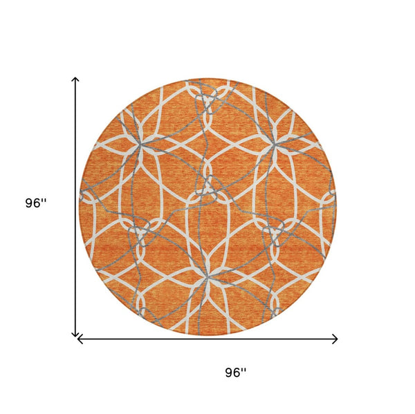 HomeRoots 5' Bold Orange and Ivory Geometric Area Rug - Stylish, Machine Washable for Indoor & Outdoor Use 8' Round 613027