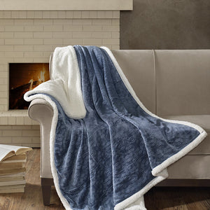 JLA Home Madison Park - Oversized Textured Plush Throw for Luxurious Warmth and Dual-Sided Berber Comfort, Machine Washable Blue MP50-3254