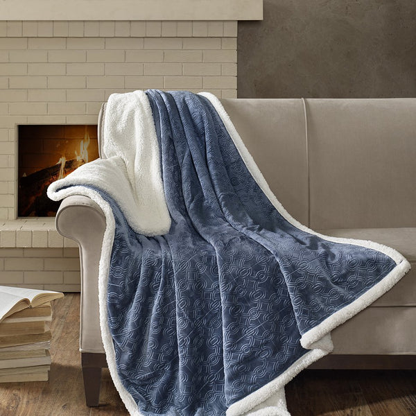 JLA Home Madison Park - Oversized Textured Plush Throw for Luxurious Warmth and Dual-Sided Berber Comfort, Machine Washable Blue MP50-3254