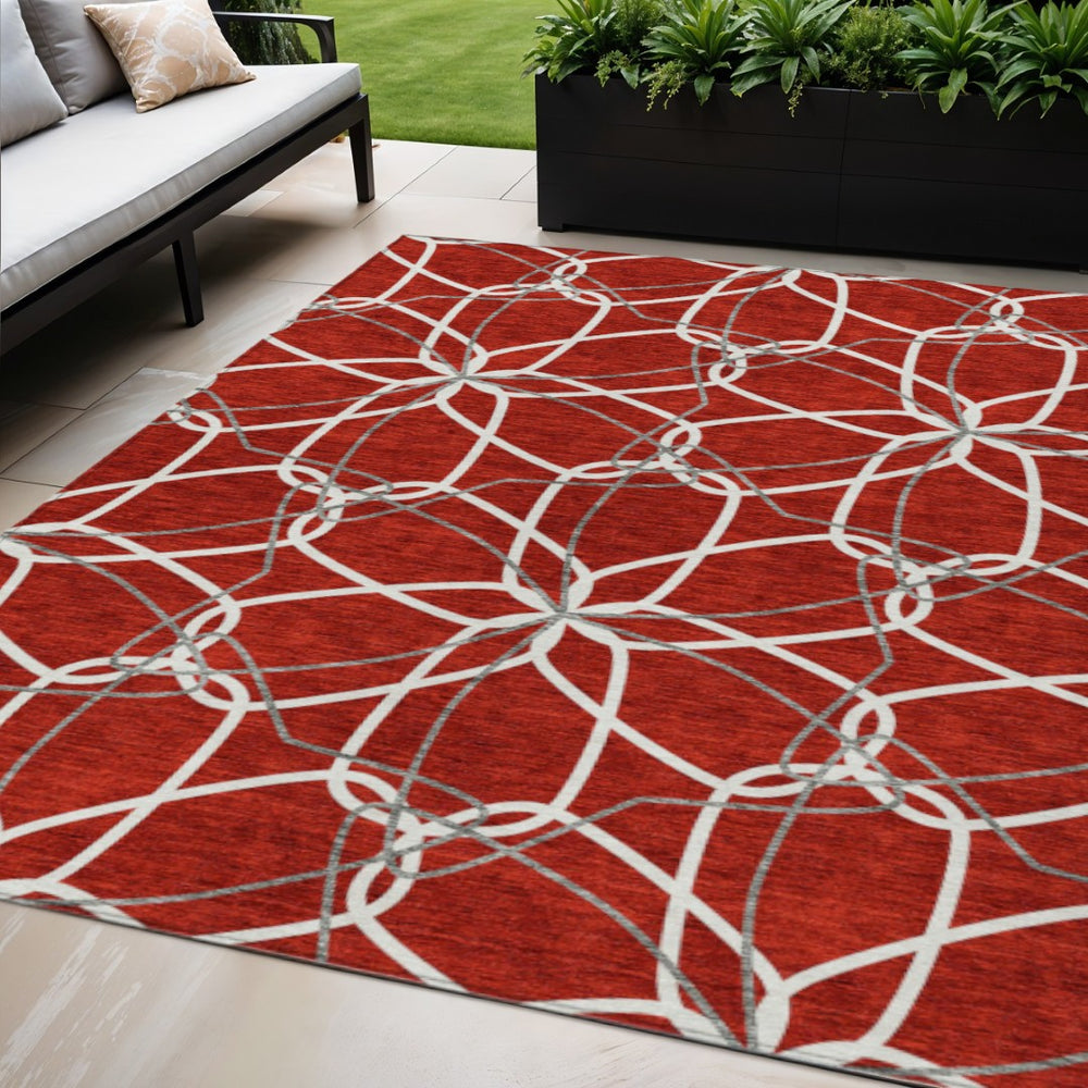 HomeRoots 5' Vibrant Red and Ivory Geometric Washable Area Rug for Indoor and Outdoor High-Traffic Spaces 5' X 8' 613044
