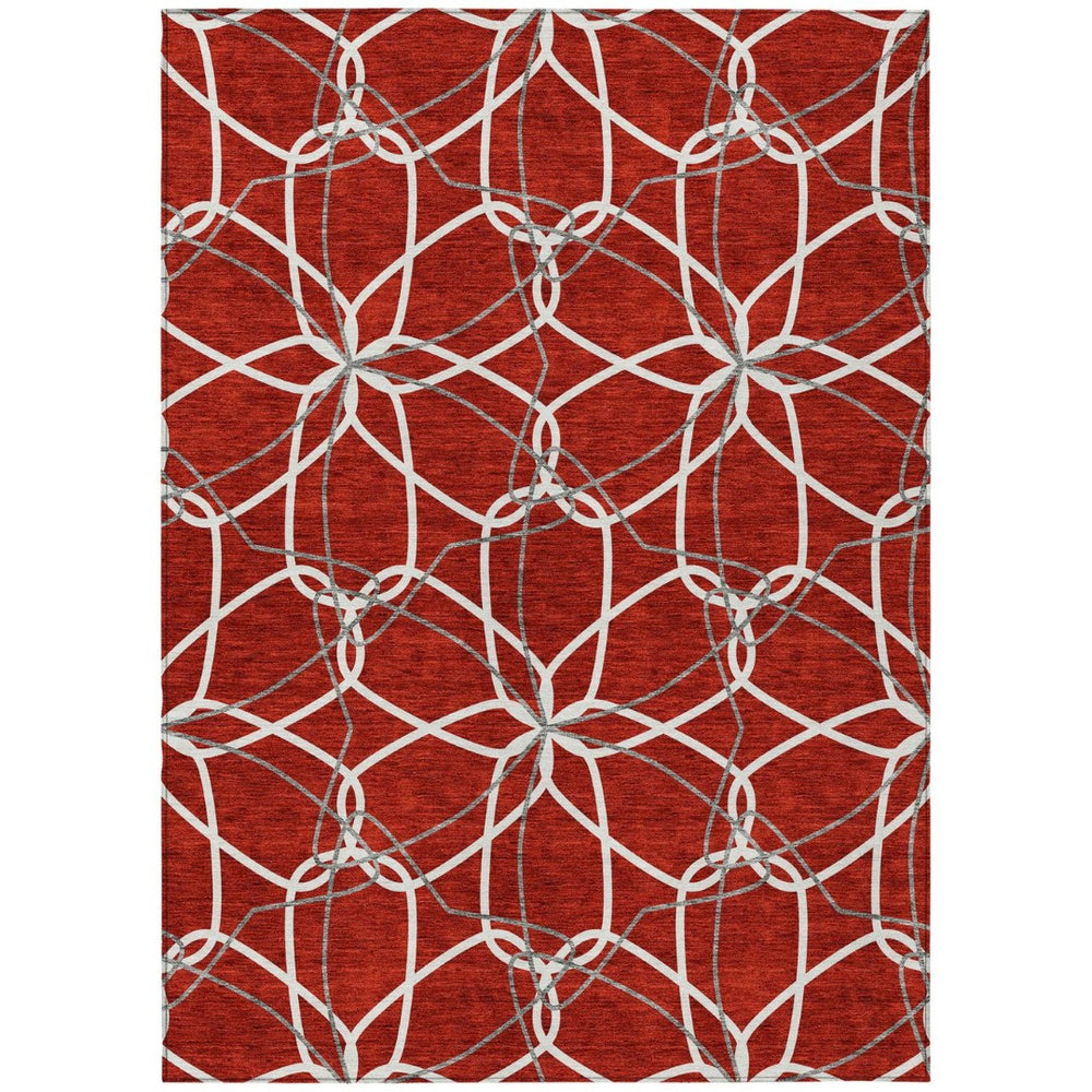 HomeRoots 5' Vibrant Red and Ivory Geometric Washable Area Rug for Indoor and Outdoor High-Traffic Spaces 5' X 8' 613044