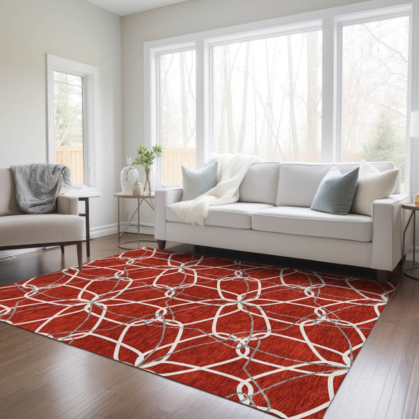 Homeroots 3' Geometric Washable Area Rug For Indoor & Outdoor Use - Stylish & Durable For High Traffic Areas Red Polyester 613044