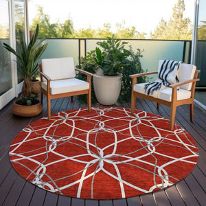 HomeRoots 5' Vibrant Red and Ivory Geometric Washable Area Rug for Indoor and Outdoor High-Traffic Spaces 8' Round 613045