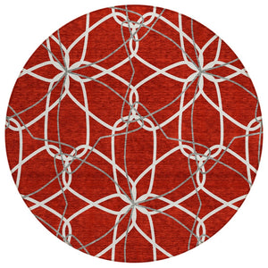HomeRoots 5' Vibrant Red and Ivory Geometric Washable Area Rug for Indoor and Outdoor High-Traffic Spaces 8' Round 613045