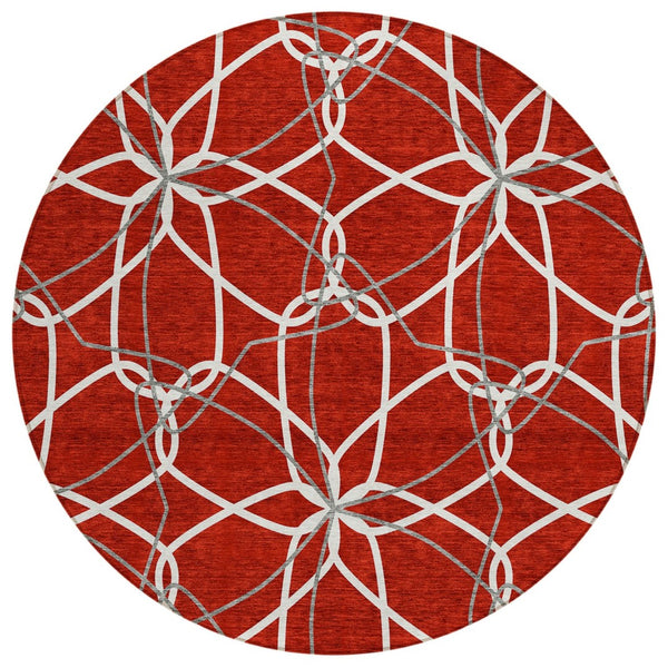 HomeRoots 5' Vibrant Red and Ivory Geometric Washable Area Rug for Indoor and Outdoor High-Traffic Spaces 8' Round 613045