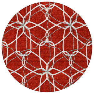 HomeRoots 5' Vibrant Red and Ivory Geometric Washable Area Rug for Indoor and Outdoor High-Traffic Spaces 8' Round 613045