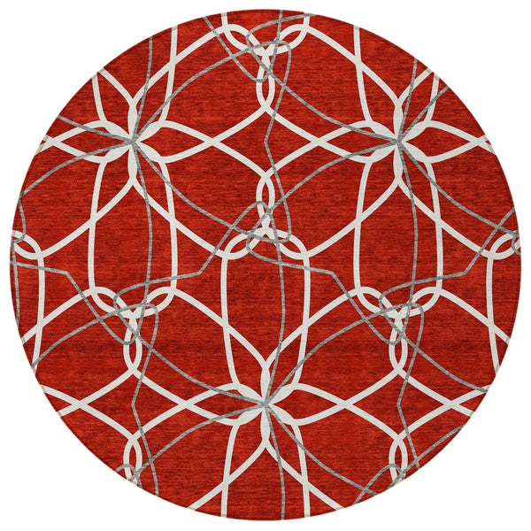 HomeRoots 5' Vibrant Red and Ivory Geometric Washable Area Rug for Indoor and Outdoor High-Traffic Spaces 8' Round 613045