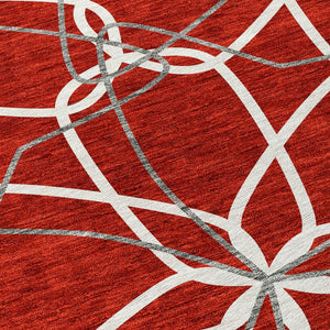 HomeRoots 5' Vibrant Red and Ivory Geometric Washable Area Rug for Indoor and Outdoor High-Traffic Spaces 8' Round 613045