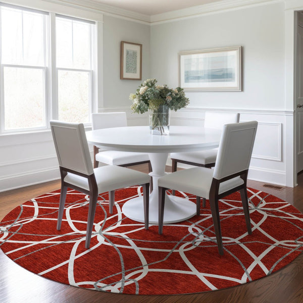 HomeRoots 5' Vibrant Red and Ivory Geometric Washable Area Rug for Indoor and Outdoor High-Traffic Spaces 8' Round 613045