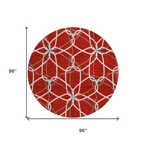 HomeRoots 5' Vibrant Red and Ivory Geometric Washable Area Rug for Indoor and Outdoor High-Traffic Spaces 8' Round 613045