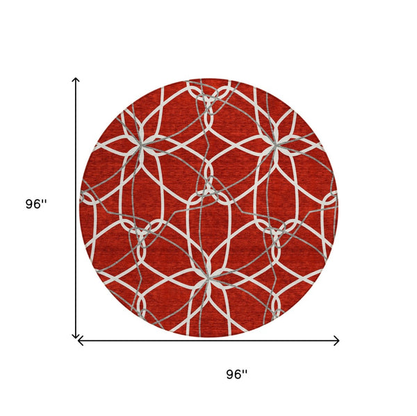 HomeRoots 5' Vibrant Red and Ivory Geometric Washable Area Rug for Indoor and Outdoor High-Traffic Spaces 8' Round 613045