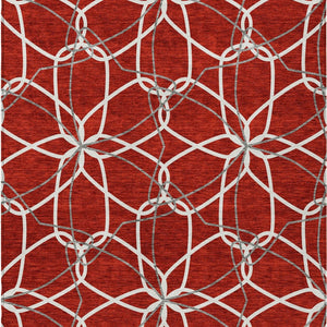 HomeRoots 5' Vibrant Red and Ivory Geometric Washable Area Rug for Indoor and Outdoor High-Traffic Spaces 9' X 12' 613047