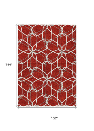 HomeRoots 5' Vibrant Red and Ivory Geometric Washable Area Rug for Indoor and Outdoor High-Traffic Spaces 9' X 12' 613047