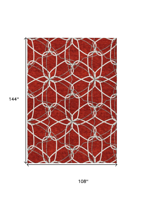 HomeRoots 5' Vibrant Red and Ivory Geometric Washable Area Rug for Indoor and Outdoor High-Traffic Spaces 9' X 12' 613047