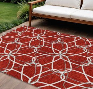 HomeRoots 5' Vibrant Red and Ivory Geometric Washable Area Rug for Indoor and Outdoor High-Traffic Spaces 9' X 12' 613047