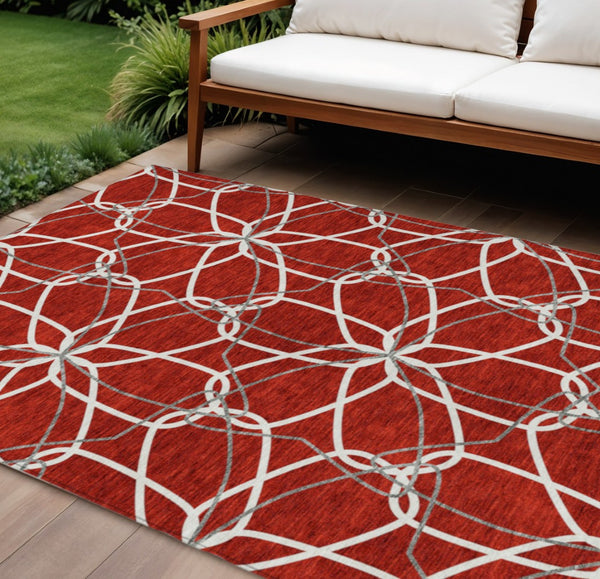 HomeRoots 5' Vibrant Red and Ivory Geometric Washable Area Rug for Indoor and Outdoor High-Traffic Spaces 9' X 12' 613047