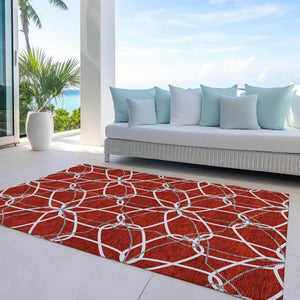 HomeRoots 5' Vibrant Red and Ivory Geometric Washable Area Rug for Indoor and Outdoor High-Traffic Spaces 9' X 12' 613047