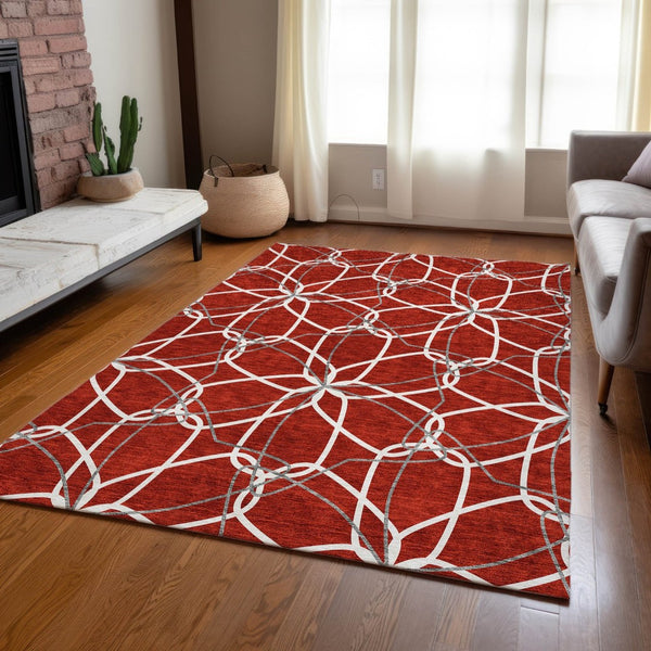 HomeRoots 5' Vibrant Red and Ivory Geometric Washable Area Rug for Indoor and Outdoor High-Traffic Spaces 9' X 12' 613047