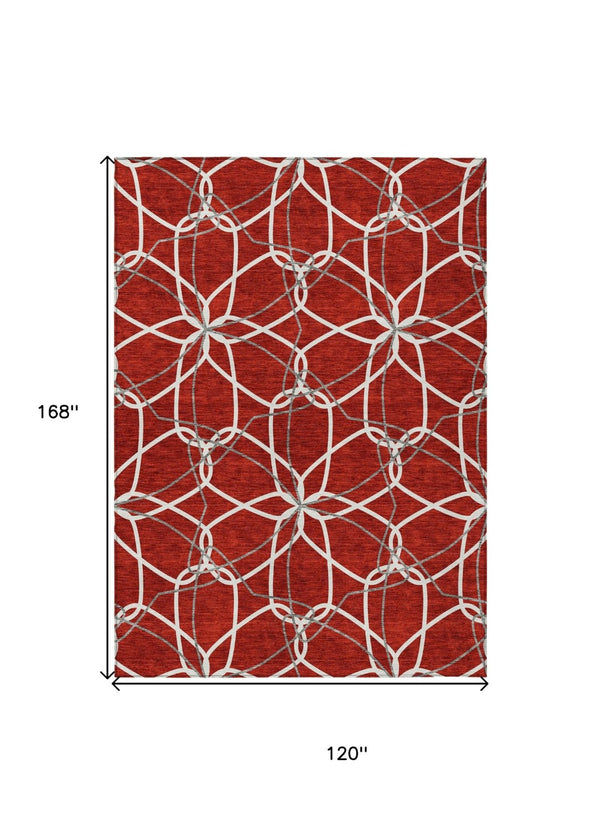 HomeRoots 5' Vibrant Red and Ivory Geometric Washable Area Rug for Indoor and Outdoor High-Traffic Spaces 10' X 14' 613048
